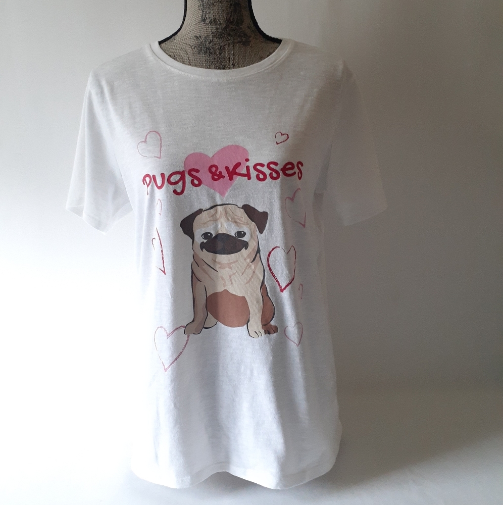 Feeling Festive Pugs & Kisses women's white short-sleeve t-shirt size L